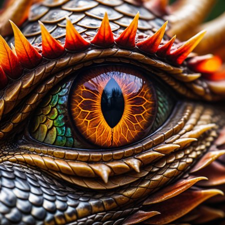 Macro view of a dragon's eye, scales reflecting intricate patterns, fiery hues embedded within, intense gaze conveying ancient wisdom and ferocity, 100mm f/2.8 macro lens, mythical brilliance, 8K resolution.