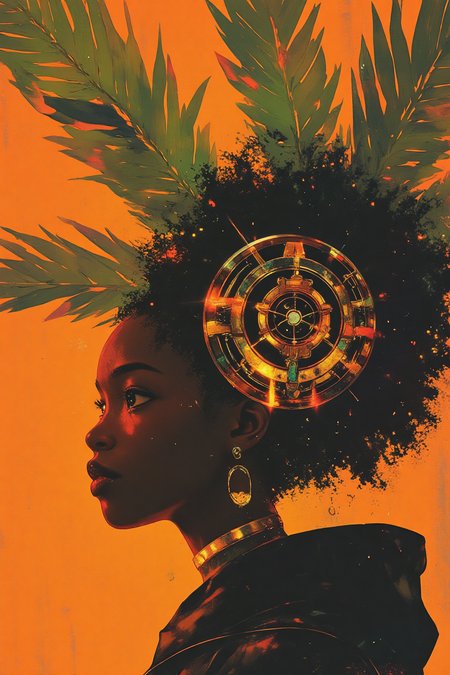 Divine African Priestess: A striking close-up portrait of an African woman with ebony skin and defined, regal features, wearing a headdress made from Palm fronds arranged in intricate patterns, enhanced by glowing Adinkra symbols from West Africa. The headpiece radiates with soft golden light, casting a warm glow on her dignified face, while the oversized Banana leaf in the frame is covered in vivid, glowing Adinkra patterns. These intricate, symmetrical symbols, filled with fiery red and orange accents, subtly pulse with light, emphasizing the woman's serene expression. The warm ochre background adds richness and depth, perfectly complementing the radiant organic textures. High quality rendering, 8K.