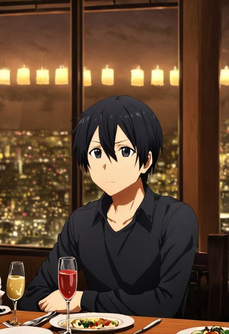high resolution, solo, best quality, 1Boy, Kazuto Kirigaya, Black Hair, Black Eyes, dating, romantic, dinner, OverallDetail
