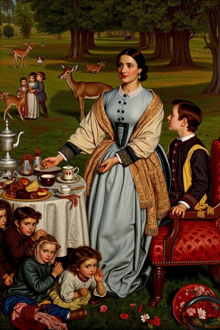williamhhunt1 painting. 
An outdoor Victorian tea party scene. A woman stands in a pastoral setting, wearing a light blue dress with a cream-colored bodice and a flowing, intricately patterned shawl draped over her shoulders. A bonnet sits on her head. To her right, a young boy sits on a red upholstered chair, looking at her.
There are two small children under the table. In the background, two children and two deer are walking by.
 <lora:williamhhunt1_cap_d6a3e9:1.0><lora:838055957771813680:0>