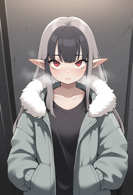 masterpiece,best quality,amazing quality,
1girl, solo, pointy ears, long hair, upper body, hands in pockets, fur trim, looking at viewer, collarbone, closed mouth, black hair, bangs, grey hair, jacket,
 <lora:Qtkat:1>