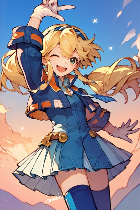 score_9, score_8_up, score_7_up, score_6_up, source_anime, 1girl, solo,  <lora:clarissaarwin-pdxl-nvwls-v1-000005:1> clarissa arwin, blonde hair, hairband, twintails, blue jacket, white gloves, pleated skirt, blue thighhighs, wink, arm up, blue sky, sunset, happy, open mouth