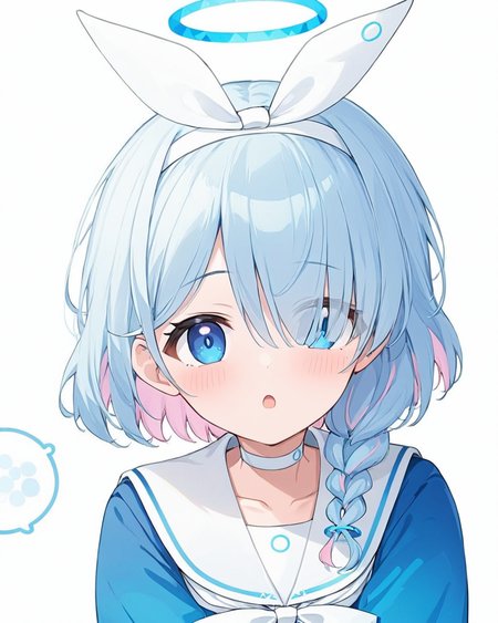 arona \(blue archive\),1girl, solo, hair_over_one_eye, korean_text, white_background, white_sailor_collar, looking_at_viewer, upper_body, simple_background, white_choker, open_mouth, white_bow, blush, single_braid, blue_shirt, ^^^, white_hairband, white_ribbon, halo, long_sleeves, collarbone, hair_ribbon, serafuku, sweatdrop, bow_hairband
<lora:arona_(blue_archive)_image5127_2023-12-02-000009:1>halo. gorgeous,key visual, vibrant, studio anime,award-winning, professional, highly detailed,high budget, cinemascope