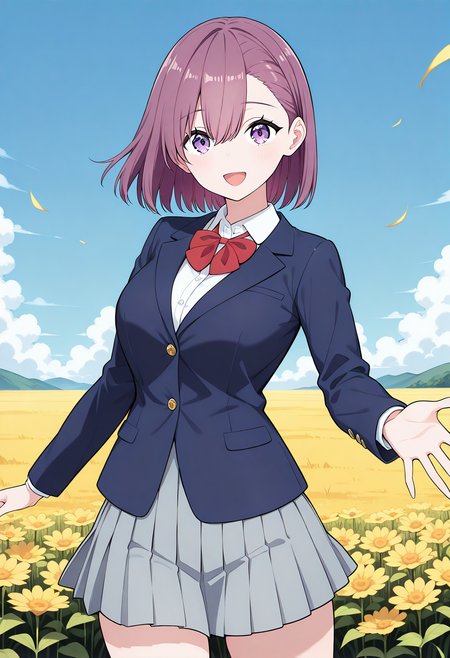 amano_ririsa, purple eyes, purple hair, short hair, bangs, school uniform, bowtie, blazer, long sleeves, pleated skirt, gray skirt, <lora:nitengojigen_amano_ririsa_illustrious_ver1:0.8>
smile, open mouth, 1girl, solo, (field:1.2), (blue sky:1.2), looking at viewer,, masterpiece, best quality, general,, (cowboy shot, dynamic pose:1.4),