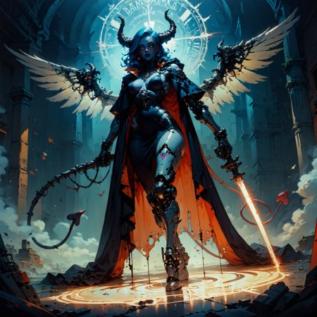 (score_9, score_8_up, score_7_up), (neon lights, cypberpunk, egyptian city, thick lineart, sharp edges),
BREAK
dutch angle full body, solo, 1women, seductive blue eyes, blue hair, sly grin, dark-skinned female, curved ram horns, ,epic, gothic, radiant light rays, (solo), demon girl, demon horns, armor, chainmail, holding sword, cloak, demon wings, ornaments, windy, delicate and smooth skin, blush, perfect body, thighs, highly detailed, glossy lips, female focus, demones, robot, cyborg , android, mechanical arms, cyborg, robot joints, mechanical parts, tube, spine, cybernetic neck, bionic torso, bionic skin, massive wings, angel wings, gown, shroud,
BREAK
witch, magician, casting spell, magical energy, magic circle,
BREAK
grim, dark atmospher, science fiction, world
<lora:Concept Art Twilight Style SDXL_LoRA_Pony Diffusion V6 XL:0.8> <lora:Bad_Hands_lora:0.8> <lora:add-detail-xl:0.8>   <lora:GN_v1.4:0.8>
