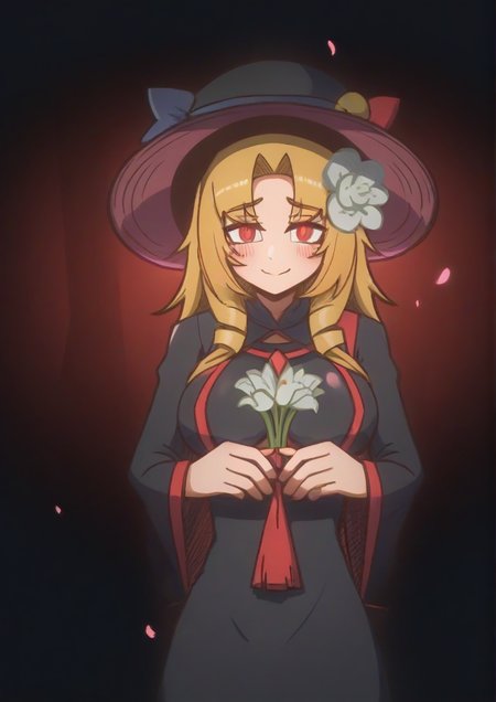 1girl,black background, black dress, blonde hair, breasts, closed mouth, dress, flower, glowing, glowing flower, glowing petals, hat, holding, holding flower, large breasts, light smile, lily (flower), long hair, long sleeves, looking at viewer, petals, red eyes, red flower, sash, solo, standing, tabard, tassel, white flower, wide sleeves <lora:Commander_lv_c:1>