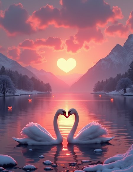 valentines day, heart sunset, pink clouds, swans, snowy mountains in background