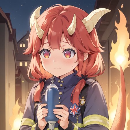 score_9,score_8_up,score_7_up,score_6_up, source_anime, (8k, masterpiece, best quality, cinematic lighting, ultra high res), (extremely detailed image, high resolution, 5k resolution:1.0), (ultra HD quality details), 1girl, (dragon girl, red hair, dragon tail, fire tail, horns), (firefighter girl, helmet, holding water hose), EPFireFighter, wearing EPFireFighter, anime, chibi, cute firefighter dragon girl putting out a fire, holding water hose, spraying water, awkward expression, nervous, (detailed image, high resolution, 5k resolution:1.0), at night,(masterpiece:2),(best quality:1.1),ultra highres,original,extremely detailed,perfect lighting, moe, HappoubiJP