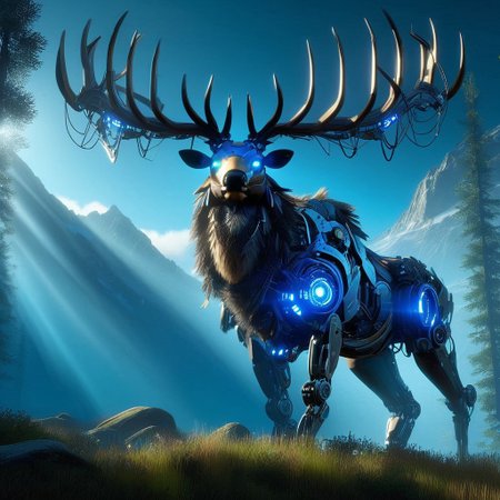 Full metal robot, non- humanoid robt, scifi,   (Ultra Realistic:1.0),32k,(Masterpiece:1.0),(High Detailed Skin:1.0),( High Quality:1.0), (Detailed Realistic Background:1.3), (Official Art, Beautiful and Aesthetic:1.2), (Realistic Lighting:1.0), glowing, day, science fiction, nature, grass, deer, scenery, mountain, non-humanoid robot, forest, "An imposing, machine-like elk standing majestically on mountain edge looking at sky, its intricate mechanical parts inspired by the Horizon Zero Dawn style. The elk’s body is a blend of organic and metallic elements, with glowing blue lights coursing through its frame, reflecting the technological sophistication of a bygone era. Its angle are vast and sharp, made of gleaming steel, resembling a regal crown.
The scene is set in a deep of field, epic cinematic lighting, view from below dramatic sky with beams of cinematic light piercing through the canopy, casting dramatic shadows across the elk’s form. The atmosphere is epic and tense, as the elk stands still, as if inspecting its surroundings with quiet intelligence. The mood is both mysterious and foreboding, emphasizing the contrast between nature and technology, framed in high resolution and intense detail, evoking the visual grandeur and storytelling depth of Horizon Zero Dawn."