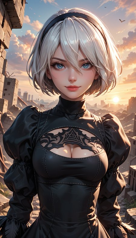 score_9, score_8_up, score_7_up, Portrait, yorha no. 2 type b, short white hair, black dress, hairband, clothing cutout, cleavage cutout, puffy sleeves, black hairband, feather-trimmed sleeves, juliet sleeves, mole under mouth, sunset, rubble in the background, 4n1v3rs3, light smile:0.3, depth of field, dynamic angle, fashion photography, sharp, hyperdetailed:1.15