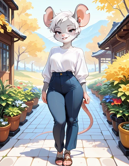 masterpiece, best quality, very aesthetic, absurdres,
outdoors, casual, 
full body, standing, posing, 
seductive smile, parted lips, long eyelashes,
<lora:Amelia_v01_NAIXL:1>
Amelia,1girl,solo,furry,female,mouse girl,mouse ears,notched ear,white hair,very short hair,black eyes,snout,buck teeth,whiskers,body fur,grey fur,mouse tail,