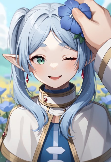 score_9,score_8_up,score_7_up,<lora:sousou_no_frieren_all-000020:0.8>,1boy,1girl,blue_flower,blue_hair,blurry_background,closed_eyes,commentary_request,elf,eyelashes,gold_trim,green_eyes,hair_flower,hand_on_another's_head,hetero,highres,himmel_\(sousou_no_frieren\),long_hair,one_eye_closed,open_mouth,parted_lips,short_hair,smile,thick_eyebrows,twintails,upper_teeth_only,white_capelet,white_hair,