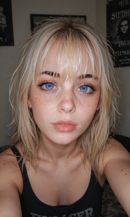 4k selfie with a excited expression, goth girl, deep focus, split-diopter lens, focus on her eyes, cluttered bedroom, posters on walls, warm lighting, long shaggy blonde, bangs between eyes, dark blue eyes, freckles, blush, natural lips, natural eyes, messy hair, black eyebrows, piercings, taking a selfie, bent forward,