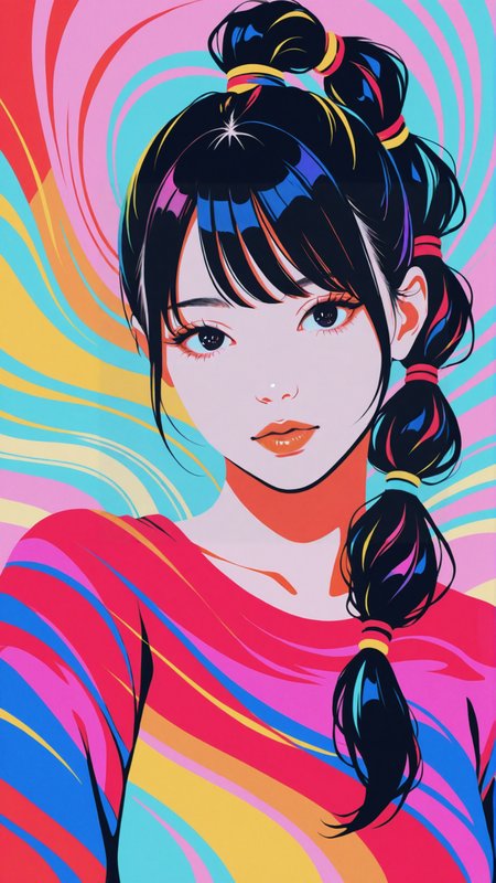 best quality, minimalism, colorful, newest, realistic face, vibrant colors, surreal,
1woman, black hair, multi-tied hair,