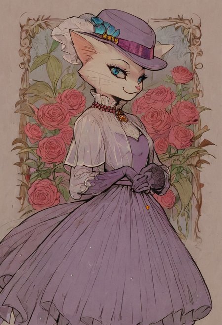 score_9, score_8_up, score_8, cute, in the style of beatrix potter, cel-shading, fca style, baroness louise, white fur, cat, female cat, blue eyes, anthro, gloves, purple hat, elegant hat, purple dress, looking at viewer, beautiful eyes, smile, rose background