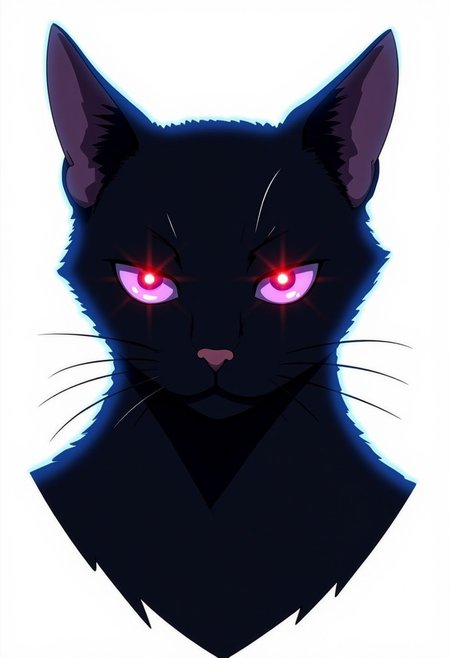 Anime-styled illustration close-up portrait of a domestic shorthair cat. The cat's face and upper body are covered in its natural black fur. 
The cat's piercing, almond-shaped eyes are purple with black pupils, with a bright, glowing red light in the center of each pupil which stand out against the black contrast. Its Its ears are perked forward, alert and attentive. The cat's small, pink nose is perfectly centered, providing a subtle touch of color amidst the monochrome design.
Shot against a pure white background, the lighting is dramatic and high-contrast, emphasizing the cat's eyes. The illumination highlights the sleek texture of the cat's short fur and the reflective quality of its eyes.
Every detail is captured with precision: individual whiskers, the subtle variations in the cat's skin texture, and the crisp edges of the painted patterns. The image is composed as a head and shoulder shot, filling the frame with the feline's uniquely adorned face and upper body.
The Cat is highlighted by a faint glowing blue outline around it, indicating that they might be using or preparing to use some sort of power or ability. 
C0NTR4CT0R