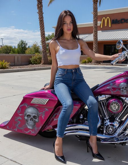 A side view shot of the HD_Ch0pp3r, a fully customized Harley Davidson chopper finished in electric pink with silver skull airbrushing, parked on a sunlit suburban driveway in front of McDonalds restaurant. A beautiful woman sits on the HD_Ch0pp3râs stretched saddlebag, dressed in blue jeans and a tight white tank top and black high heels. The chrome pipes and vibrant pink paint of the HD_Ch0pp3r shimmer under the natural daylight, reflecting her silhouette.
