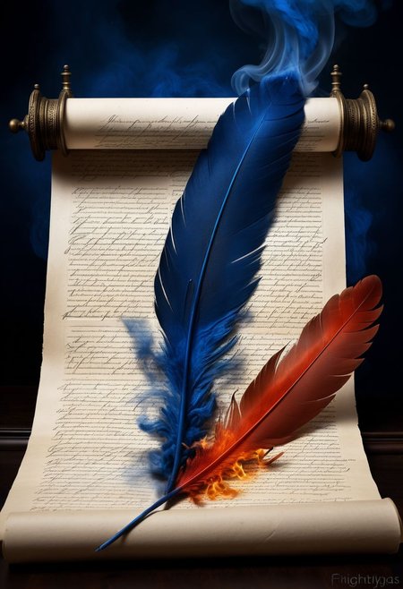 mysterious phoenix feather gliding through the air, feather dissolving into smoke, single drop of deep blue ink dropping from the tip of the feather into a half full ink pot while an old piece of aged paper scroll with beautiful writing and burning edges is hovering in the middle of it all, lightrays backlighting glorious feather, burning paper scroll dissoliving into smoke, lightrays backlighting smoke, fading blue red background, by Minjae Lee, Carne Griffiths, Emily Kell, Steve McCurry, Geoffroy Thoorens, Aaron Horkey, Jordan Grimmer, Greg Rutkowski, amazing depth, double exposure, surreal, geometric patterns, intricately detailed, bokeh,  perfect balanced, deep fine borders, artistic photorealism , smooth,  great masterwork by Suiras  <lora:add-detail-xl:2>  <lora:Double_Exposure:0.5>
