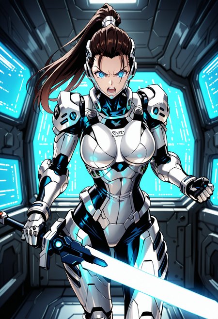 solo, spacecraft interior,
1girl, dark brown hair, blue eyes, ponytail, hair slicked back, long hair, female cyborg, (white cyber arms):1.2, large breasts,
holding sword, glowing sword,
front view, standing, dynamic pose, cowboy shot, looking at viewer, angry, open mouth,
<lora:AugmentedReactionSuitIL:1>,   augmentedreactionsuit, science fiction, white armor, white gauntlets, white knee pads, white chestplate, armor, 
masterpiece,best quality,amazing quality,     <lora:yusuke-murataIL-style:0.8>