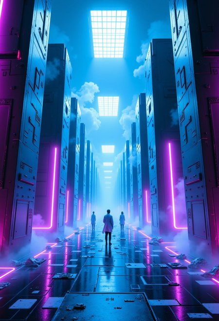 Huge cubes floating in the air, metallic and mechanical cubes, neon light colors mainly blue and purple, and eight more huge monoliths in the background. A floor of mirrors with embedded lights. Scientists in small white coats in front of the cubes. Backlighting, cyberpunk atmosphere, vast laboratory,
aidmafluxpro1.1