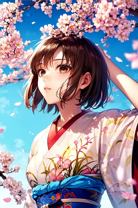 (masterpiece,best quality, detailed), 1girl, solo, outdoors, cherry blossoms, spring, wind, day, looking up, arm up,
ryougi shiki, obi, white kimono, obijime, floral print