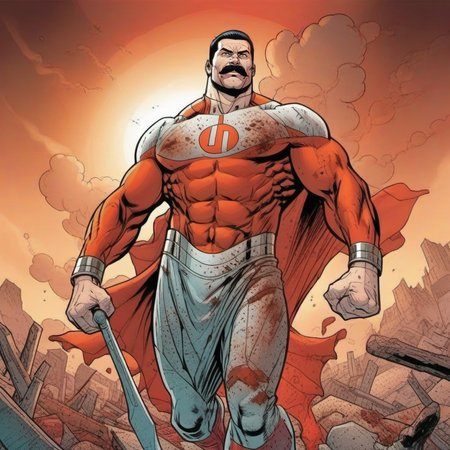 comic a (((full body portrait)))  muscular man with a moustache in a white and red bodysuit, flying in the sky <lora:Thragg1024:0.8> . graphic illustration, comic art, graphic novel art, vibrant, highly detailed