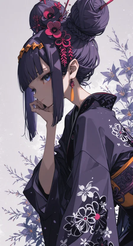 masterpiece, best quality, amazing quality, ninomae ina'nis, 1girl, solo, long hair, looking at viewer, blue eyes, hair ornament, closed mouth, very long hair, upper body, braid, purple hair, flower, sidelocks, hairband, japanese clothes, pointy ears, virtual youtuber, blunt bangs, hair flower, official alternate costume, grey background, kimono, hair bun, from side, double bun, leaning forward, official alternate hairstyle, haori, braided bun <lora:noobai_ep11_stabilizer_v0.138_fp16:0.3> <lora:ppw_v7_noobVv1.0:0.5> <lora:XXX667:0.5> <lora:lpc_v10:0.4> <lora:CrypticHue:1>