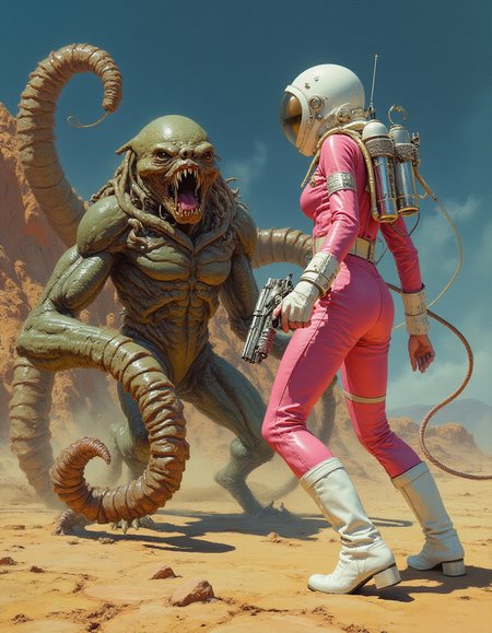 a girl from the back, wearing a tight-fitting pink leather spacesuit with an oxygen tank in the back, a white helmet, white platform boots and armed with a retro chrome laser pistol, battles an alien monster with tentacles for limbs, on an alien planet.  <lora:FluxMythP0rtr4itStyle:0.4>mythp0rt <lora:lora:0.5>retrosci style