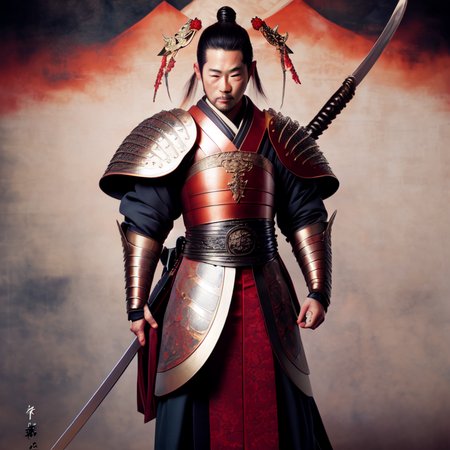 photo, painting of a man in armor holding a sword (FantasyDaimyo style:1)  <lora:djzFantasyDaimyoV21:0.8>