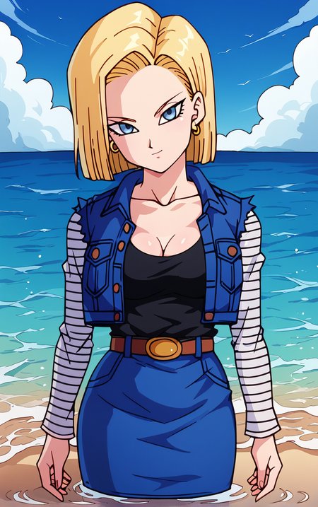 score_9, score_8_up, score_7_up, BREAK
MainOutfit_Android18_ownwaifu, android 18, 
1girl, blonde hair, blue eyes, eyelashes, forehead, short hair, earrings, jewelry, collarbone, breasts, medium breasts, straight hair,
denim jacket, long sleeves, blue jacket, vest, striped sleeves, blue skirt, belt, denim skirt, black shirt, black pantyhose, torn sleeves, brown belt, striped, pencil skirt, cleavage, pants, sleeveless jacket,
(wading, beach), head tilt, sidelighting, ocean, sky, water, caustics, cowboy shot, <lora:PONYXL_DragonBall_Android18_ownwaifu:0.8> , depth of field, solo,