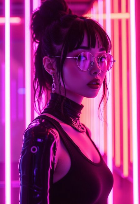 This is a digital illustration rendered in a highly stylized, hyper-realistic CGI (computer-generated imagery) style, characterized by vibrant neon colors and smooth textures. The subject is a young woman of East Asian descent with a fair complexion and an athletic build. She has her dark hair styled in a sleek, high bun. She wears round, thin-rimmed glasses that reflect the neon lights around her, adding to the futuristic ambiance.