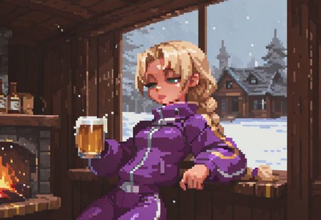 1girl, 
flat color, (no lineart:1:2), (anime coloring:1.4), B1gd4d, pixel art, pixelart, pixel, Sinozick_illu, gradient, spot color, TLSS-ILV1.0, (muted color:1.5),
IllusP0s,
BREAK
1girl, solo, adult, blonde hair, long braid, braid over shoulder, single braid, arched_bangs, parted_bangs, curt4ined h4ir, green eyes, half lidded eyes, half closed eyes, bags under eyes, small breasts, slim, tall, puffy lips, lips,
(Baggy jacket, purple jacket, yellow stripes, white stripe, high collar jacket, ski jacket), (purple leggings, plum_\(color\), yellow stripes),
Hand on own chin, slouching, elbow on bar_\(furniture\), leaning on bar_\(furniture\), sad, tired, frown, sarcastic, looking away, holding drink, beer bottle,
BREAK
Cabin, lodge, ski lodge, log building, fireplace, window, blizzard outside window, snowstorm through window, interior,
masterpiece, very aesthetic, absurdres