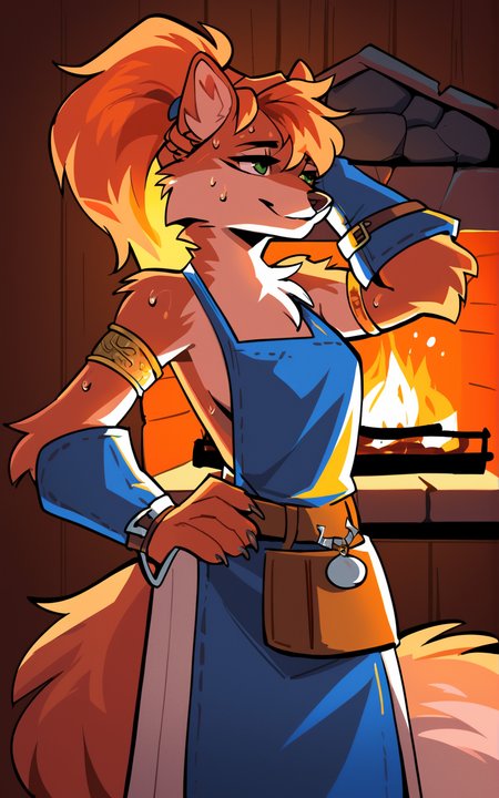 score_9, score_8_up, score_7_up,((best quality)), absurdres, <lora:BolivanteStyle:0.8>, <lora:VUASPXL:0.8>,VUASPXL, apron, pouch, armlet, bracer, jewelry,white skirt,belt, skirt, furry,animal ears, green eyes,ponytail,slim ,animal nose,inside, cabin, fireplace,tired, hand in head, sweat, hand in hip, smile,furry female