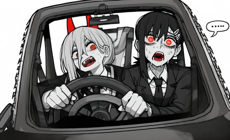 masterpiece, best quality, good quality, very aesthetic, absurdres, newest, higashiyama kobeni, power (chainsaw man), by vanripper, 2girls, cross-shaped pupils, driving, hair between eyes, horns, meme, multiple girls, necktie, nervous sweating, ponytail, power crashes kobeni's car (meme), red eyes, red horns, spoken ellipsis,steering wheel, suit, (surprised:1.2), sweat,spot color, symbol-shaped pupils, Open mouth,uvula,Red tongue,side by side,Exaggerated expression, looking_at_viewer,Extreme Close-Up, simple background,
Perspective, <lora:ponyv5_noobV065S_1_adamW-000013:0.7> <lora:USNR_STYLE_XL_lokr:0.45> <lora:745cmSDXLvpred75S:0.8>