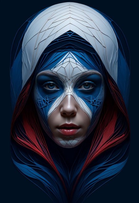 layered papercut, mysterious face, a native woman in artsy clothing, fading backlit background, (deep sea fading white to deep blue/red), alluring goddess, by Minjae Lee, Carne Griffiths, Emily Kell, Steve McCurry, Geoffroy Thoorens, Aaron Horkey, Jordan Grimmer, Greg Rutkowski, amazing depth, double exposure, surreal, geometric patterns, intricately detailed, bokeh,  perfect balanced, deep fine borders, artistic photorealism , smooth,  great masterwork by Suiras  <lora:add-detail-xl:2>  <lora:Double_Exposure:0.5>