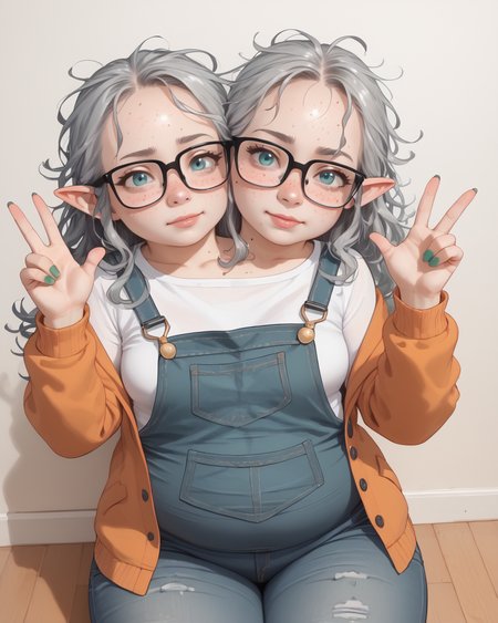 high angle cartoon of a chubby strong girl ((with two heads and pointed ears)), small breasts, ultra detailed, masterpiece, gray hair, long hair, messy hair, light aqua eyes, small glasses, freckles, green fingernails, blouse, orange cardigan, jeans pinafore, livingroom <lora:sd_xl_refiner_1.0:0.9>  <lora:twoheads:0.9> twoheads, 2heads <lora:checkpoint-e21_s588:0.9> conjoined