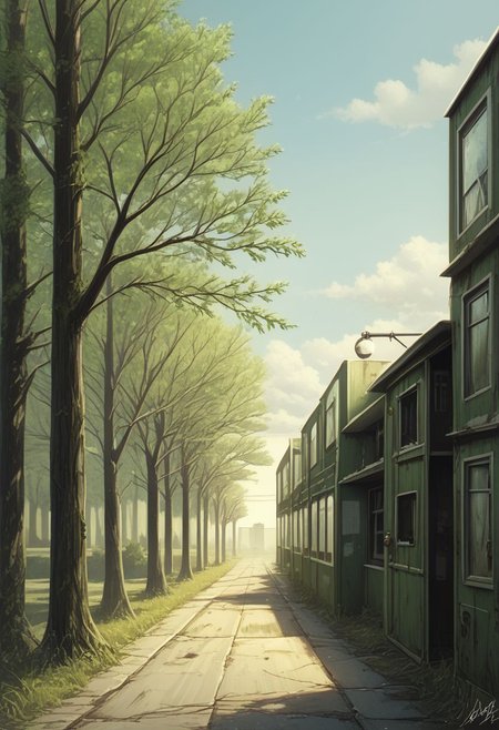 earthelements style, no humans, scenery, outdoors, entrance to an overgrown building, post apocalyptic, tree, day, door, grass, overgrown, ethereal, green, BREAK  PonyXLV6_Scores