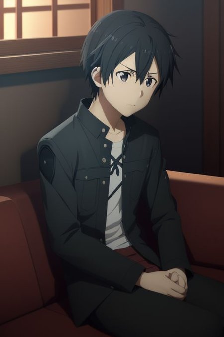 high resolution, solo, best quality, 1Boy, Kazuto Kirigaya, portraits, Black Hair, Black Eyes, deep talk, depression, sit, couch, OverallDetail