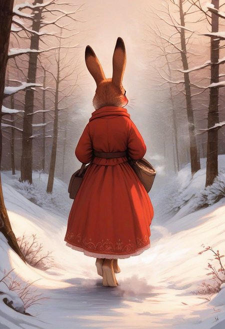 score_9, score_8_up, score_8, solo, (fluffy:0.5), (feral), outdoors, toes, furry, (((rabbit))), female, claws, (fluffy cheeks:0.5), (dress), in the style of beatrix potter, (solo:2), walking in a forest, (bushes), trees, snow, winter, (steam:2), (nervous expression, embarrassed expression:1.4), (look behind), (side view:0.3), (rear view:1.1),