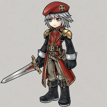 weapon, hat, holding weapon, holding, , gloves, , beret, armor, , 1boy, , white hair, boots, belt, sword, red headwear, holding sword, grey hair, , , black footwear, pants,
2d,  <lora:GAME_STYLE_Dissidia_Final_Fantasy_Opera_Omnia:0.7>  , graphite \(medium\), traditional media, colored pencil \(medium\),dissidiaopera, solo, no nose, full body, ,masterpiece, best quality, very awa,