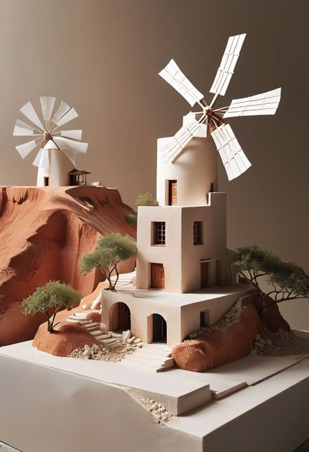 RAW photo, studio shot of an architecture physical model,art by Eleanor Vere Boyle and Andreas Untersberger, hantu ulat sutera adaptive and halcyon atmosphere with dispersion, refined details, Santorini model, style by nty, Greece island,Santorini Windmill,Architecture physical model