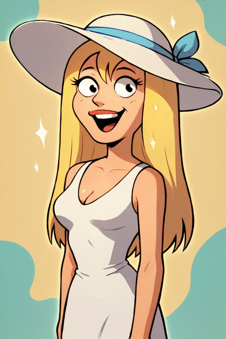 score_9, score_8_up, score_7_up, source_cartoon,
JillianRussell, 1girl, blonde hair, long hair, 
solo, cleavage, white dress, summer hat, happy,
abstract background, masterpiece, best quality,
<lora:JillianRussell_PonyXL:0.7>