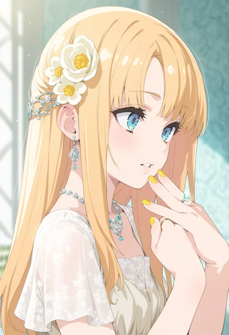 masterpiece,best quality,amazing quality,
1girl, flower, solo, yellow nails, hair ornament, parted lips, hair flower, bangs, blonde hair, jewelry, blue eyes, ring, dress, upper body,
 <lora:Saeki Tatsuya_epoch_9:0.8>