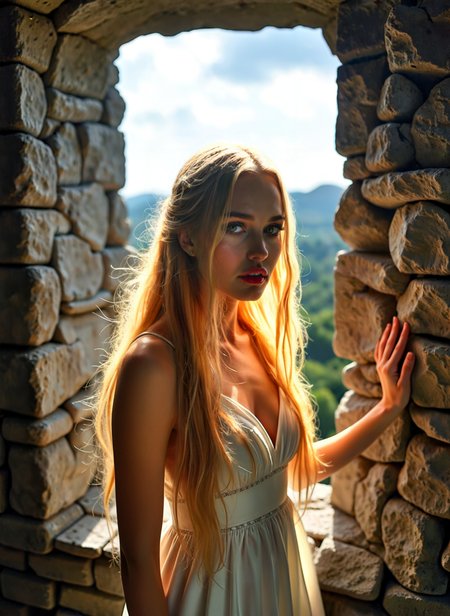 Photograph of a young woman with long blonde hair. She is standing in front of a stone wall with an archway, looking out at the horizon. The woman is wearing a white dress with a plunging neckline and her hair is styled in loose waves. She has a serious expression on her face and is looking directly at the camera. The background is blurred, but it appears to be a beautiful landscape with trees and mountains. The lighting is soft and warm, creating a dreamy atmosphere. <lora:add-detail-xl:.5>  <lora:Flux-style-xl-lora:.5>