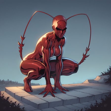 score_9_up, score_8_up, BREAK, ANTimageComics, 1girl, solo, red bodysuit, no mouth,  <lora:ANT_ImageComics_PXL_Leaf2:1>, outdoors, squatting,