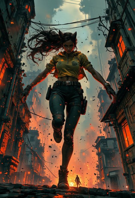 A close-up of a dark-skinned action woman facing the viewer running across the roof of an ancient cyberpunk carved building, hair and cloak blowing in the wind, cat-like grace, graphic novel style meets art nouveau's clean lines, intricate detail, dynamic movement, dramatic scenery mythp0rt, aidmanijiv6