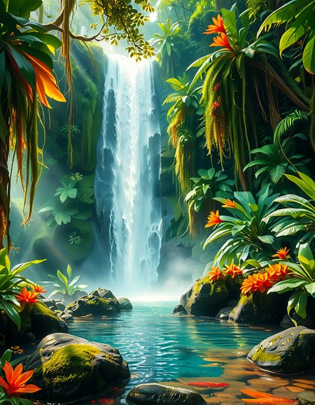 A stunning and tranquil view of a jungle waterfall cascading down smooth, moss-covered rocks into a crystal-clear pool below. The scene is surrounded by dense, lush greenery, with towering tropical trees and vibrant, oversized ferns creating a natural canopy that filters sunlight into dappled patterns on the forest floor. Brightly colored flowers in shades of red, orange, and purple add splashes of color among the greenery, while vines and roots wind their way around the rocks and trees. Mist rises from the base of the waterfall, catching the sunlight and creating a soft, ethereal glow, with a faint rainbow visible in the spray. Exotic birds with iridescent feathers can be seen perched on branches, and the faint sound of distant animal calls adds to the sense of a thriving, untouched paradise. The overall atmosphere is serene, magical, and vibrant, capturing the untamed beauty of nature.<lora:SDXLFaeTastic2400:0.4> <lora:extremely_detailed:0.4> extremely detailed, <lora:Jungle_w4t3rf4ll:1>,Jungle w4t3rf4ll, Masterpiece,best quality,hi res,8k,hi res,8k,award winning,(sharp focus, intricate, highly detailed),
