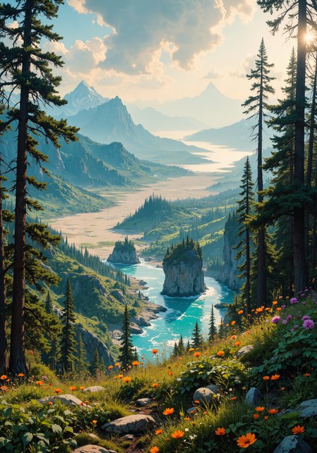 Sweeping aerial vista over an expansive valley, ancient mountain peaks in the distance, lush emerald forests draped on rugged foothills; arid, sun-washed desert meeting weathered rocky outcrops adjacent to a wild coastal shore with infinite blue ocean and dramatic cliffs. Intimate close-up of dewdrop-studded wildflower petals, intricate natural textures, soft pastel mists, and ethereal golden hour shadows. Low-angle encounter of towering, majestic trees against a vibrant sky, dynamic tracking perspective capturing detailed interplay of light and shadow. Masterpiece quality, 8k resolution, bold color gradients, rich atmospheric lighting, immersive natural splendor, delicate spatial composition. <lora:Classic_Anime_Colors:0.4> <lora:Niji V2B:0.4> <lora:FluxDFaeTasticDetails:0.3> <lora:ArtNouveau2Flux:0.4> <lora:flux_dev:1>