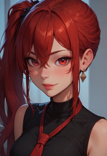 score_9_up, score_8_up, score_7_up, score_6_up, 1girl, 25 years old, perfect face, cute, petite, 
detailed face, portrait, face focus, depth of field, looking at viewer, blush, shy smile, close up,
red eyes, 
red hair, very long hair, side ponytail, single sidelock, hair between eyes, earrings, 
black shirt, sleeveless, necktie, 
office