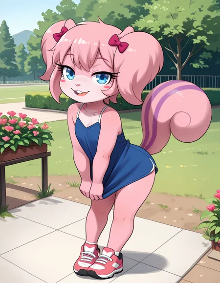 masterpiece, best quality, very aesthetic, absurdres,
outdoors,
full body, seductive smile, parted lips, long eyelashes,
 <lora:Twiggy_v01_NAIXL:1>
Tw166y,1girl,solo,furry,furry female,squirrel girl,pink hair,squirrel ears,short hair,twintails,hair bow,blue eyes,blush stickers,animal nose,buck teeth,body fur,pink fur,squirrel tail,